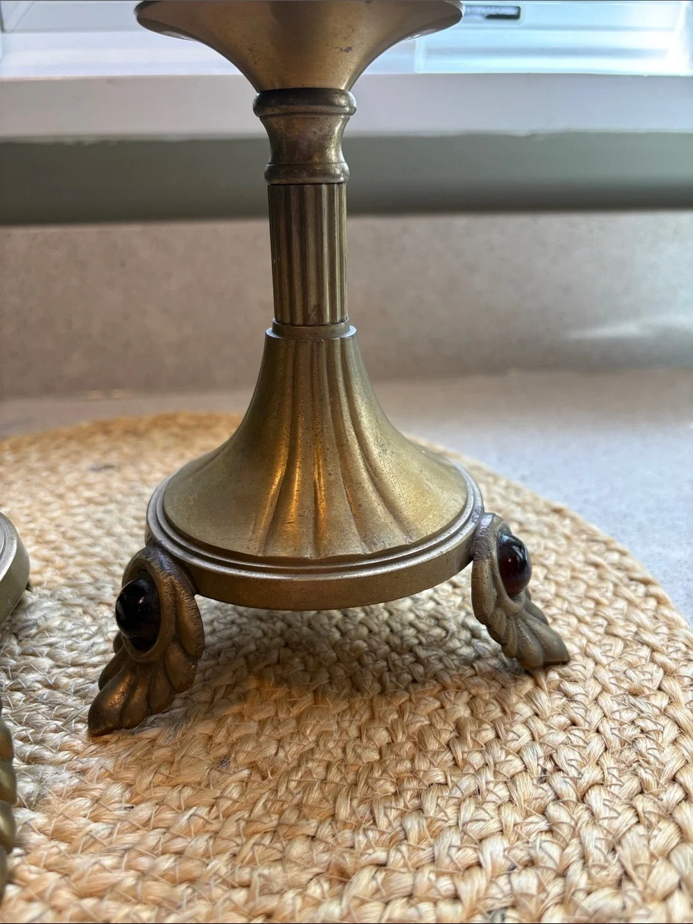 Pair of Vintage Brass Candlesticks Leaf Footed w/ Ruby Colored Gemstone